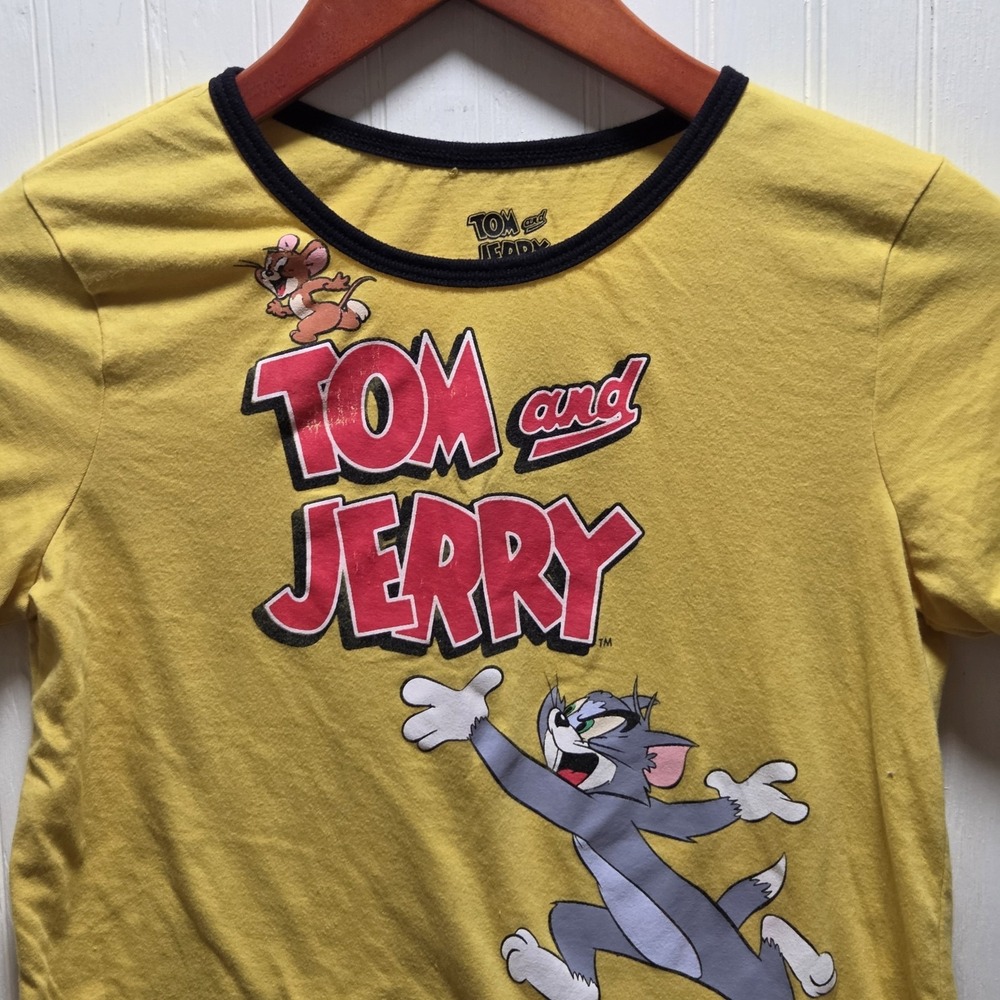 Tom And Jerry Shirt Youth Large Yellow Ringer Cartoon Graphic Kids Tee Top‎